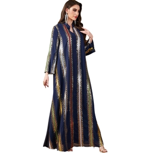 Navy blue long sleeve chiffon maxi dress with gold and silver sequin vertical stripes
