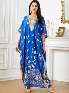 Women's Ethnic Bronzing Kaftan Maxi Dress Gold Floral Leaf Batwing Sleeve V-Neck Loose Party Dress