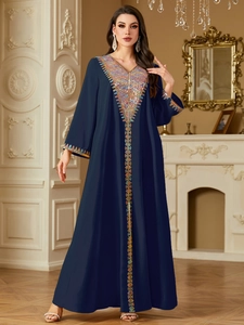 Navy blue V-neck Kaftan maxi dress with colorful sequin embroidery and long sleeves
