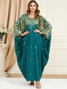 Women Ethnic Kaftan Maxi Dress Green Loose Batwing Sleeve Gold Foil Floral Print Abaya Party Long Dress For Ladies