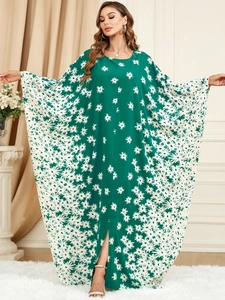 Women Casual Batwing Sleeve Loose Kaftan Maxi Dress Green White Daisy Floral Print Ankle Length Bohemian Plus Size Long Dress