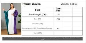 Detailed size chart for color block maxi dress showing measurements for length and bust