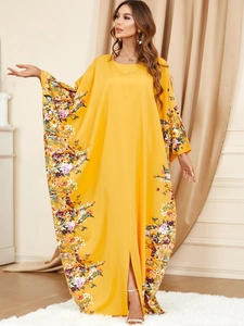 Robe Maxi Kaftan Imprimée Florale Boho pour Femmes Coupe Ample Manches Chauve-souris Longues Col Rond Robe Abaya pour Fête Vacances