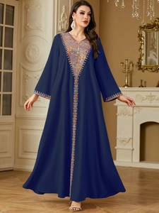 Detailed embroidery and sequins on navy blue ethnic style long sleeve abaya dress