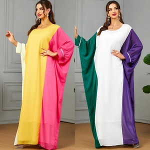 Women Color Block Kaftan Abaya Maxi Dress Loose Batwing Long Sleeve Rhinestone Cuffs Ethnic Robe Evening Gown Party Dress