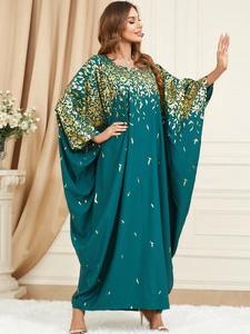 Elegant dark green plus size kaftan dress with gold floral foil print and batwing sleeves