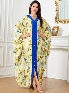 Robe Longue Kaftan Ethnique En Satin Imprimé Floral Pour Femme Manches Chauve-Souris Col En V Jalabiya Robe Ample