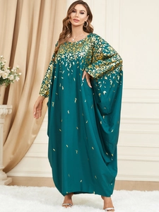 Elegant dark green kaftan maxi dress with gold floral prints and batwing sleeves