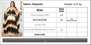 Size chart for batwing sleeve kaftan dress showing polyester fabric and 143cm length