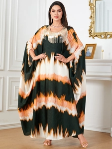 Women Ethnic Kaftan Maxi Dress Batwing Sleeve Tassel V Neck Wavy Print Loose Long Robe Bohemian Party Vacation Dress