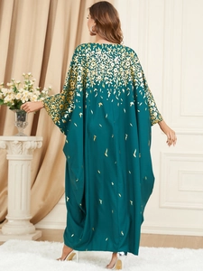 Elegant dark green kaftan dress with golden floral print and loose batwing sleeves