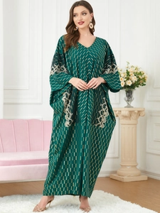 Robe Kaftan Ethnique Femme Vert Foncé Imprimé Géométrique Métallique Or Broderie Dentelle Col en V Manches Chauve-souris Robe Maxi Musulmane
