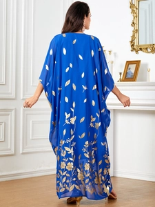 Elegant royal blue kaftan maxi dress with gold floral foil print and batwing sleeves