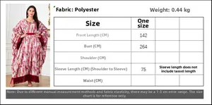 Detailed size chart for women's batwing sleeve loose kaftan dress with tassel trim