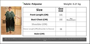Detailed size chart and fabric info for floral printed loose long dress robe in black