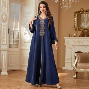 Elegant navy blue long sleeve caftan dress with gold embroidery and beadwork for women