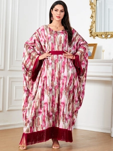 Women's Kaftan Maxi Dress Batwing Sleeve Abstract Print Long Robe with Tassel Detail Bohemian Ethnic Loose Dress with Belt