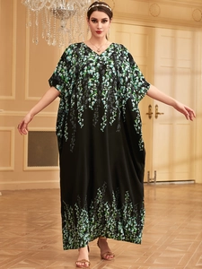 Women Ethnic Style Floral Print Maxi Dress V-Neck Batwing Sleeve Loose Kaftan Robe Casual Vacation Party Long Gown