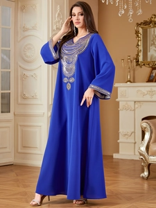 Robe Maxi Élégante Brodée Ethnique pour Femmes Bleu Royal Caftan Abaya Col en V Paillettes Or Manches Longues Fête Luxe