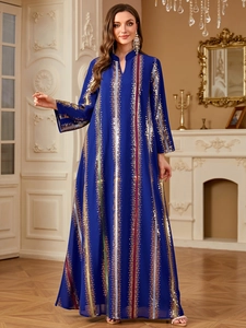 Damen Königsblau Chiffon Pailletten Stickerei Maxi Kleid Langarm V-Ausschnitt Abaya Kaftan Ethno Elegant Abendgesellschaft
