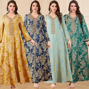 Women Ethnic Kaftan Dress Jacquard Floral Embroidery V-Neck Beaded Long Sleeve Muslim Maxi Evening Party Gown Evening Dress