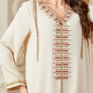 Cream long sleeve Kaftan dress with exquisite gold embroidery and pearl bead detailing