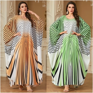 Women Elegant Kaftan Maxi Dress Batwing Sleeve Geometric Stripe Print Loose Abaya Robe For Party Vacation Bohemian Style