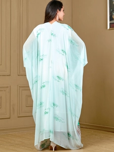 Plus size mint green batwing sleeve maxi dress with green leaf prints for women