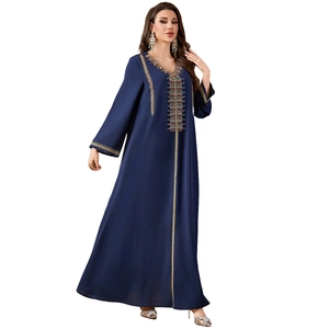 Elegant navy blue Kaftan Abaya dress with gold embroidery and beadwork details