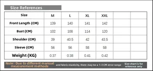 Detailed size chart for printed long robe dress showing bust, shoulder, and sleeve length
