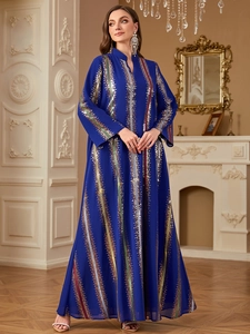 Blaues Chiffon-Abaya-Kleid mit vertikalen Paillettenstreifen und elegantem Stehkragen