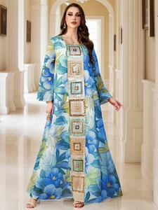 Robe longue kaftan pour femme à imprimé floral avec manches longues et sequins décoratifs