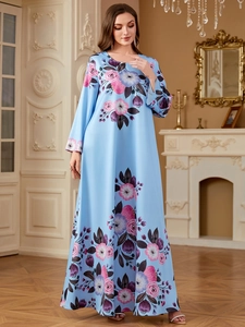 Abito Lungo da Donna Etnico Stampa Floreale Digitale Manica Lunga Girocollo Blu Chiaro Largo Elegante Modesto Moda Abaya