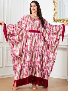 Elegant batwing kaftan dress with abstract pink stripes and fringe detailing for women