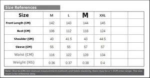 Tableau des tailles détaillé pour robe longue imprimée avec mesures précises et poids net