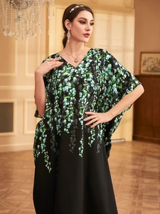 Elegant V-neck floral kaftan dress with green vines print and stylish batwing sleeves
