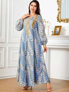 Robe Longue Kaftan Musulmane Avec Broderie De Paillettes Pour Femmes Manches Longues Abaya Ethnique Élégante Robe De Soirée