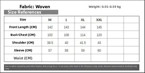 Detailed size chart for long sleeve woven kaftan dress showing M to XXL measurements
