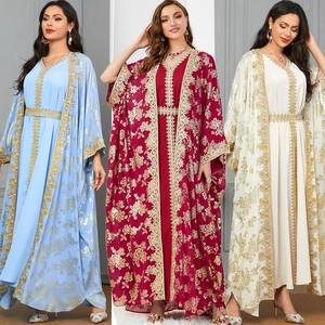 Three-piece women's abaya set with floral embroidery cardigan and maxi inner dress