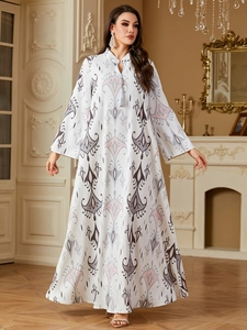 Robe Maxi Kaftan Abaya Imprimé Ethnique Femme Manches Longues Avec Glands Boho Impression Numérique Élégante Robe de Banquet