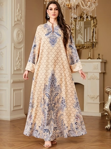 Women's Vintage Paisley Ethnic Kaftan Dress Geometric Mesh Print Long Sleeve Stand Collar Polyester Satin Maxi Gown