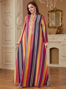 Vestito Maxi Donna Bohemien con Stampa Geometrica Manica Lunga Kaftan Etnico Ricamo Paillettes Oro Tunica Allentata Abito Lungo