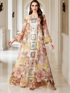 Robe Longue Kaftan Femme Paillettes Imprimé Floral Manches Longues Col en V Bohème Ethnique Musulmane Abaya Robe de Soirée