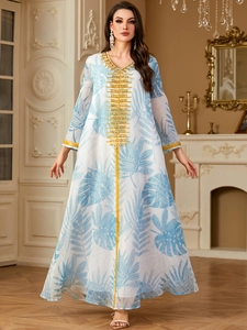 Women Tropical Leaf Print Kaftan Maxi Dress Gold Embroidery V Neck Long Sleeve Ethnic Bohemian Abaya Robe For Vacation Party