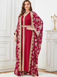 Detailed embroidery and golden floral print on a dark red chiffon kaftan set