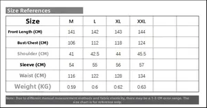 Detailed size chart for Kaftan dress featuring measurements for bust, waist and length