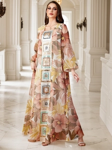Robe longue kaftan pour femmes avec imprimé floral, broderie de sequins et manches longues