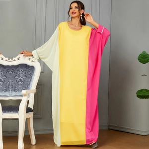 Elegant color-block long sleeve maxi dress in white, yellow, and fuchsia polyester