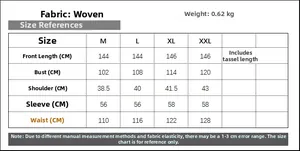 Size chart for women's long robe with fringe embroidery detail and woven fabric measurements