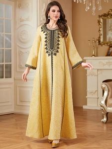 Women Yellow Embroidery Kaftan Maxi Dress Jacquard Floral Ethnic Long Sleeve Round Neck Party Robe Abaya Evening Gown